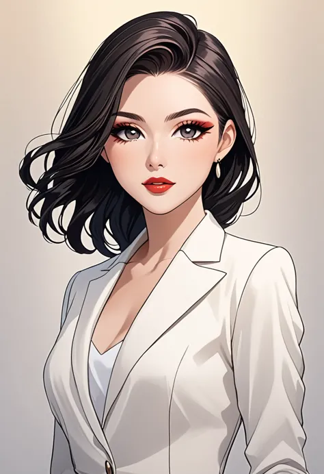 "create a detailed close-up artwork of a woman modeling stylish, contemporary clothing. she should be dressed in an elegant, fas...