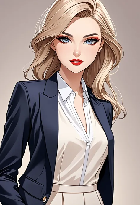 "create a detailed close-up artwork of a woman modeling stylish, contemporary clothing. she should be dressed in an elegant, fas...