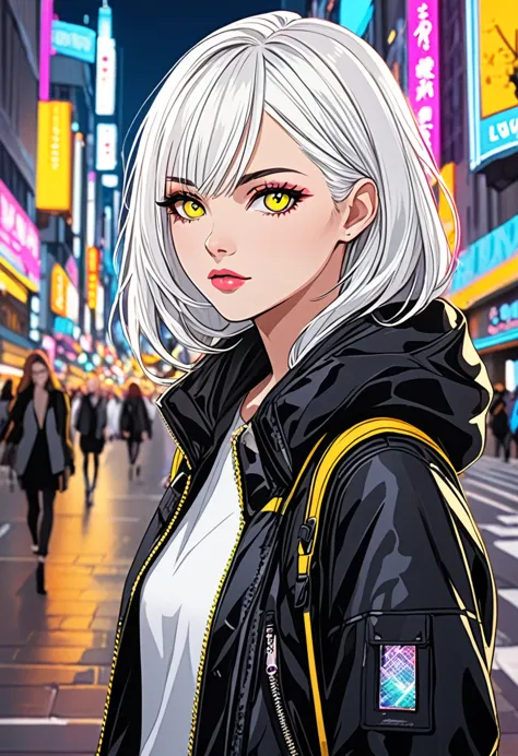 ""create a detailed close-up artwork of a girl in a bustling city. she should have striking white hair and vibrant yellow eyes, ...