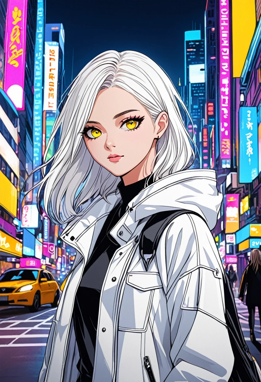 ""Create a detailed close-up artwork of a girl in a bustling city. She should have striking white hair and vibrant yellow eyes, which stand out against her modern, stylish outfit. her clothing should reflect a contemporary urban fashion, such as a chic jacket or a trendy dress. The background should feature elements of the cityscape, like neon lights, skyscrapers, and busy streets, subtly blurred to keep the focus on her distinctive appearance and captivating gaze."