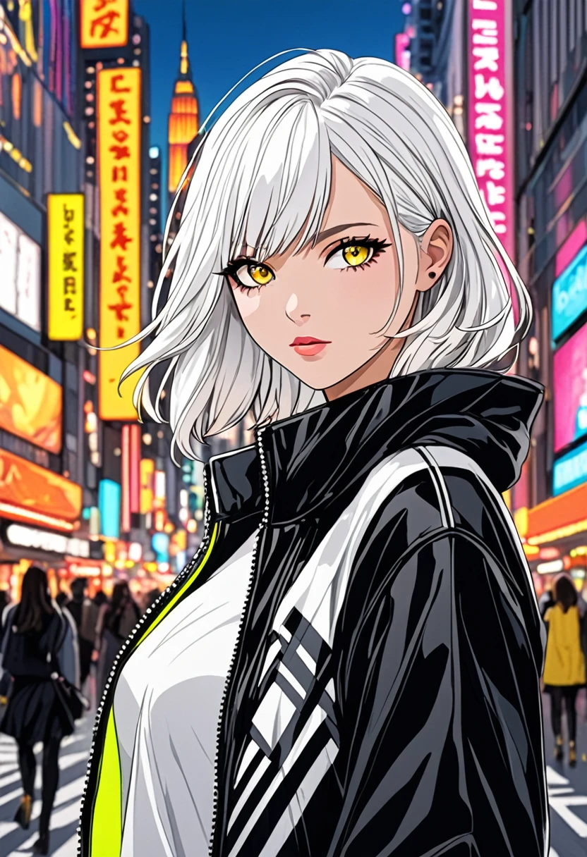 ""Create a detailed close-up artwork of a girl in a bustling city. She should have striking white hair and vibrant yellow eyes, which stand out against her modern, stylish outfit. her clothing should reflect a contemporary urban fashion, such as a chic jacket or a trendy dress. The background should feature elements of the cityscape, like neon lights, skyscrapers, and busy streets, subtly blurred to keep the focus on her distinctive appearance and captivating gaze."