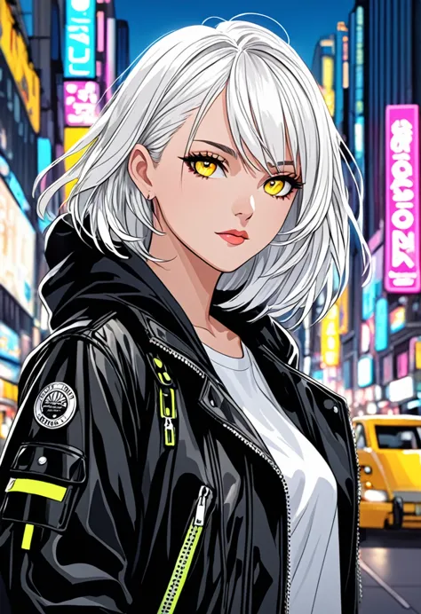 ""create a detailed close-up artwork of a girl in a bustling city. she should have striking white hair and vibrant yellow eyes, ...