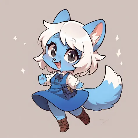 little fox, girl, blue fur, blue dress, white hair, chibi, cute, white tails