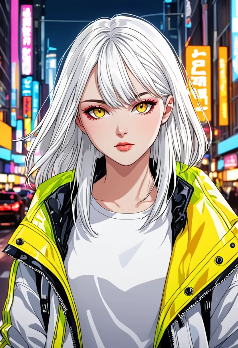 "Create a detailed close-up artwork of a girl in a bustling city. She should have striking white hair and vibrant yellow eyes, which stand out against her modern, stylish outfit. Her hair should be styled in a sleek or fashionable manner, and her clothing should reflect a contemporary urban fashion, such as a chic jacket or a trendy dress. The background should feature elements of the cityscape, like neon lights, skyscrapers, and busy streets, subtly blurred to keep the focus on her distinctive appearance and captivating gaze."