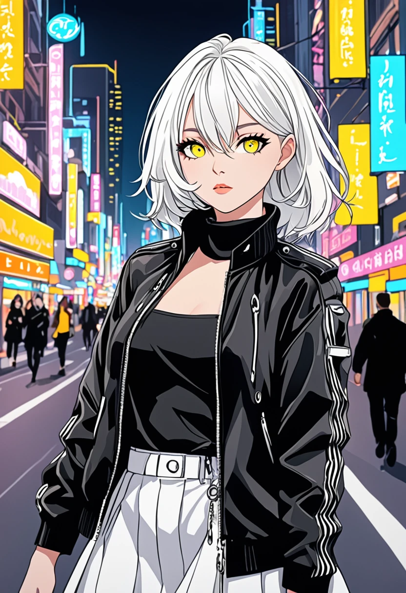 "Create a detailed close-up artwork of a girl in a bustling city. She should have striking white hair and vibrant yellow eyes, which stand out against her modern, stylish outfit. Her hair should be styled in a sleek or fashionable manner, and her clothing should reflect a contemporary urban fashion, such as a chic jacket or a trendy dress. The background should feature elements of the cityscape, like neon lights, skyscrapers, and busy streets, subtly blurred to keep the focus on her distinctive appearance and captivating gaze."