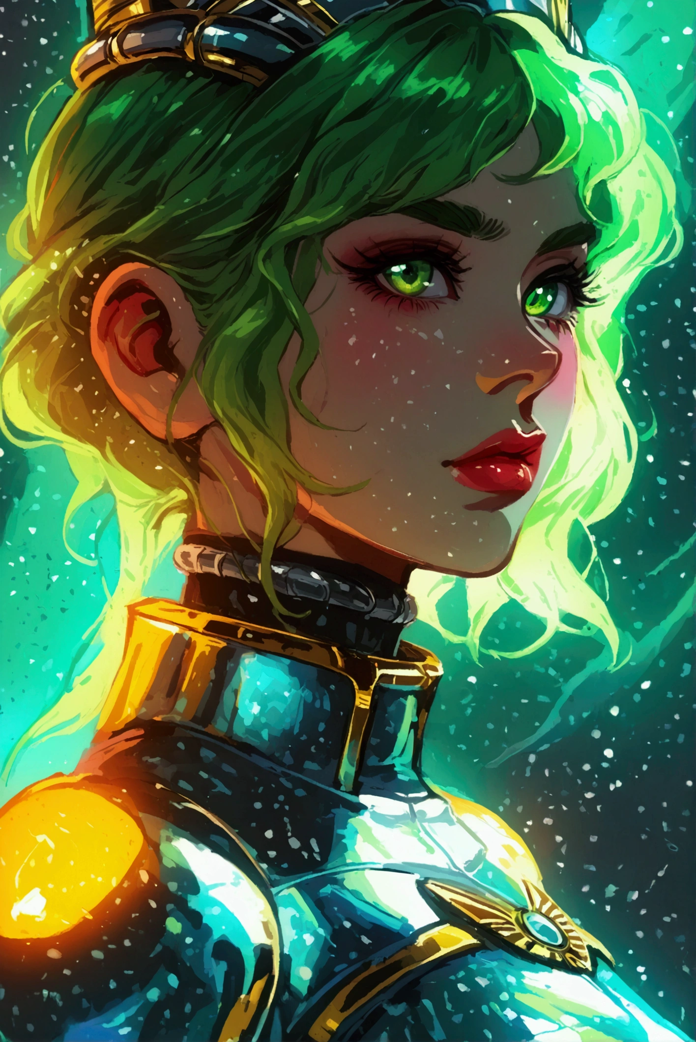 a close up of a cartoon woman with green hair, girl of the zodiac knights, portrait girl of the zodiac knights, portrait anime space cadet girl, girl in space, queen of the galaxy, goddess of the galaxies, cosmic girl, saiyan girl, molly space, on a galaxy-looking background, intergalactic princess, android heroine, cyborg goddess in cosmos