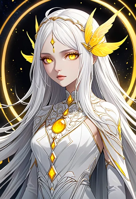 create a character with striking white hair and vivid yellow eyes. she should exude an ethereal and mysterious aura, with her ap...