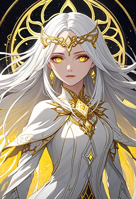 create a character with striking white hair and vivid yellow eyes. she should exude an ethereal and mysterious aura, with her ap...