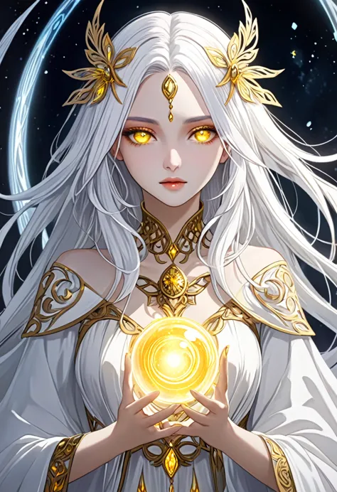 create a character with striking white hair and vivid yellow eyes. she should exude an ethereal and mysterious aura, with her ap...