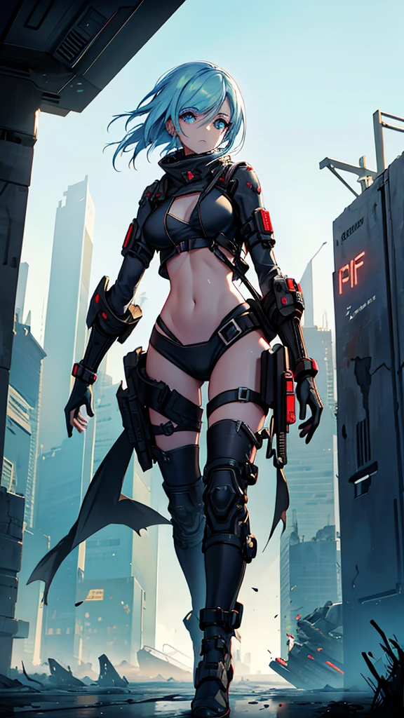 futuristic wanderer woman in a cyberpunk attire, Niedlich, zeigt Nabel, Erkunde eine öde Wüste in einer postapokalyptischen Umgebung, verfallene Stadtlandschaft, Raumschiff im Hintergrund, Grimmiger Gesichtsausdruck, ängstlicher Ausdruck