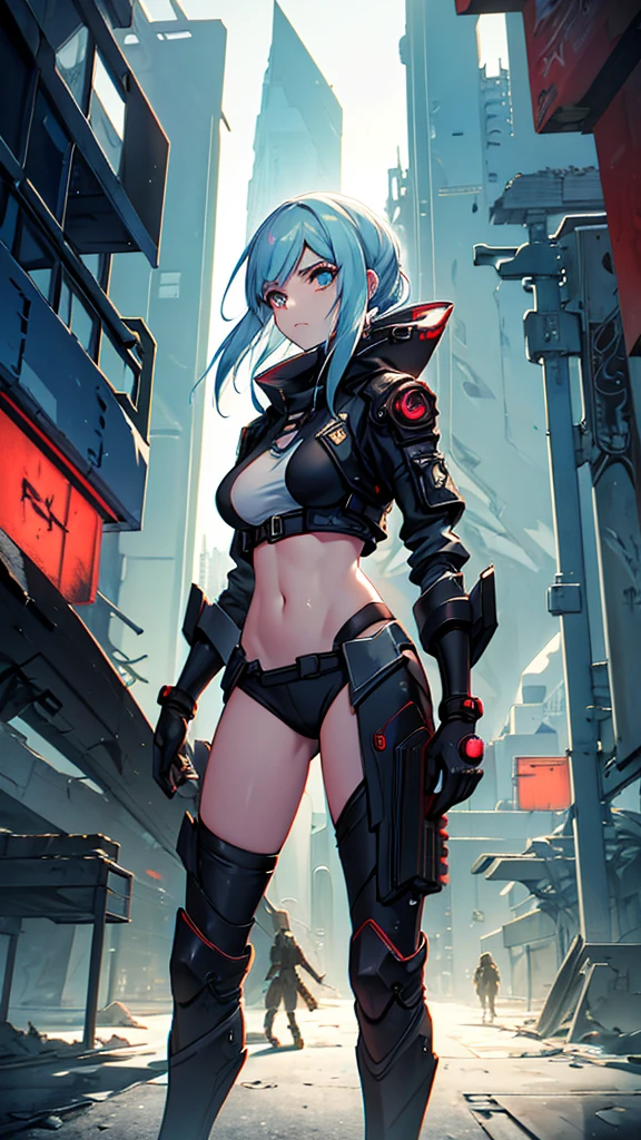 futuristic wanderer woman in a cyberpunk attire, cute, showing navel, exploring a barren wasteland in a post-apocalyptic setting, dilapidated urbanscape, spaceship in the background, grim expression, scared expression