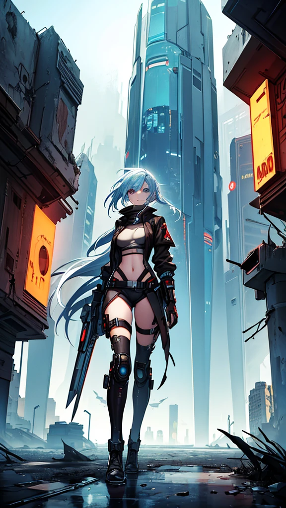 futuristic wanderer woman in a cyberpunk attire, Niedlich, zeigt Nabel, Erkunde eine öde Wüste in einer postapokalyptischen Umgebung, verfallene Stadtlandschaft, Raumschiff im Hintergrund, Grimmiger Gesichtsausdruck, ängstlicher Ausdruck