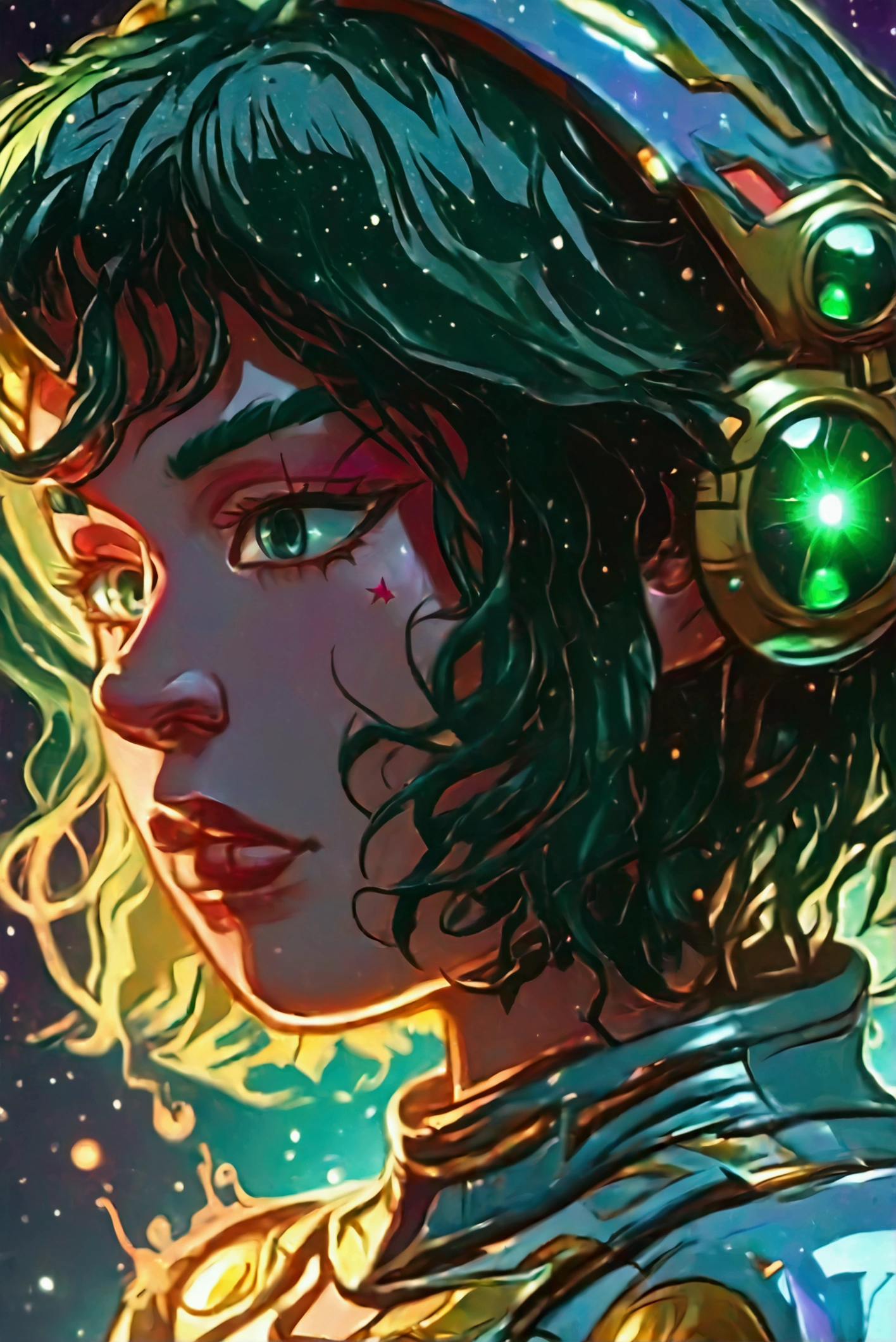 a close up of a cartoon woman with green hair, girl of the zodiac knights, portrait girl of the zodiac knights, portrait anime space cadet girl, girl in space, queen of the galaxy, goddess of the galaxies, cosmic girl, saiyan girl, molly space, on a galaxy-looking background, intergalactic princess, android heroine, cyborg goddess in cosmos, on top of a meteor