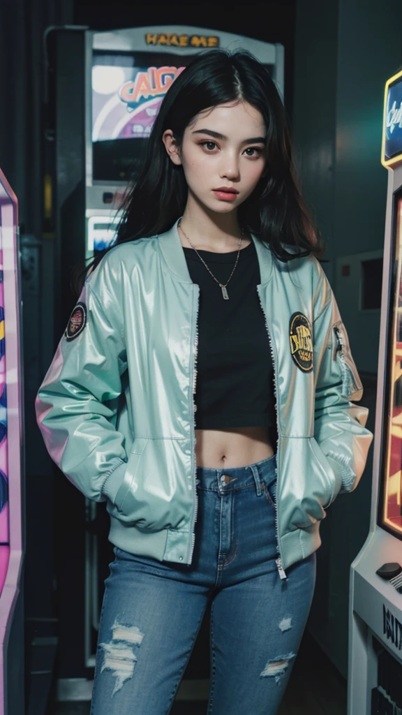 Design an illustration of a 1980s young girl wearing acid wash jeans and a bomber jacket, (listening to a Walkman) in a neon-lit room with arcade machines. Detail face