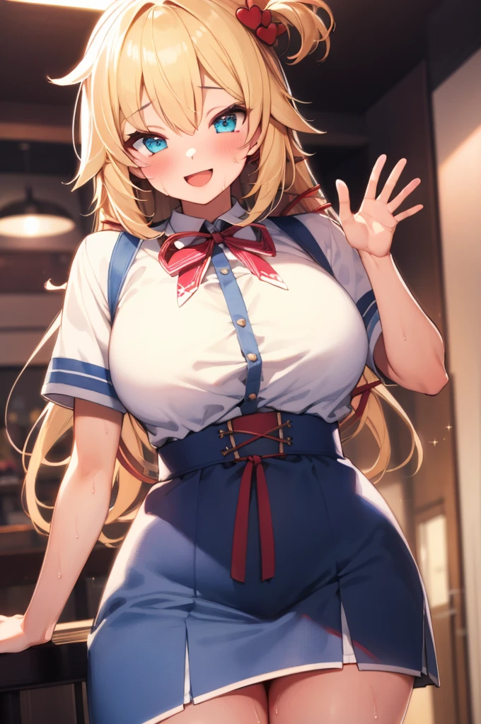 masterpiece, akai haato, hololive, 1girl, bangs, blonde hair, blue eyes, blush,huge breasts, collared shirt, hair between eyes, hair ornament,heart, heart hair ornament, long hair, , neck ribbon, one side up, red ribbon, ribbon, shirt, short sleeves, sidelocks, simple background, smile, solo, sparkle, virtual youtuber, white background, white shirt, cowboy shot, :d, blue skirt,v,waving,blush,sweating,,closed mouth,indoor,nsfw