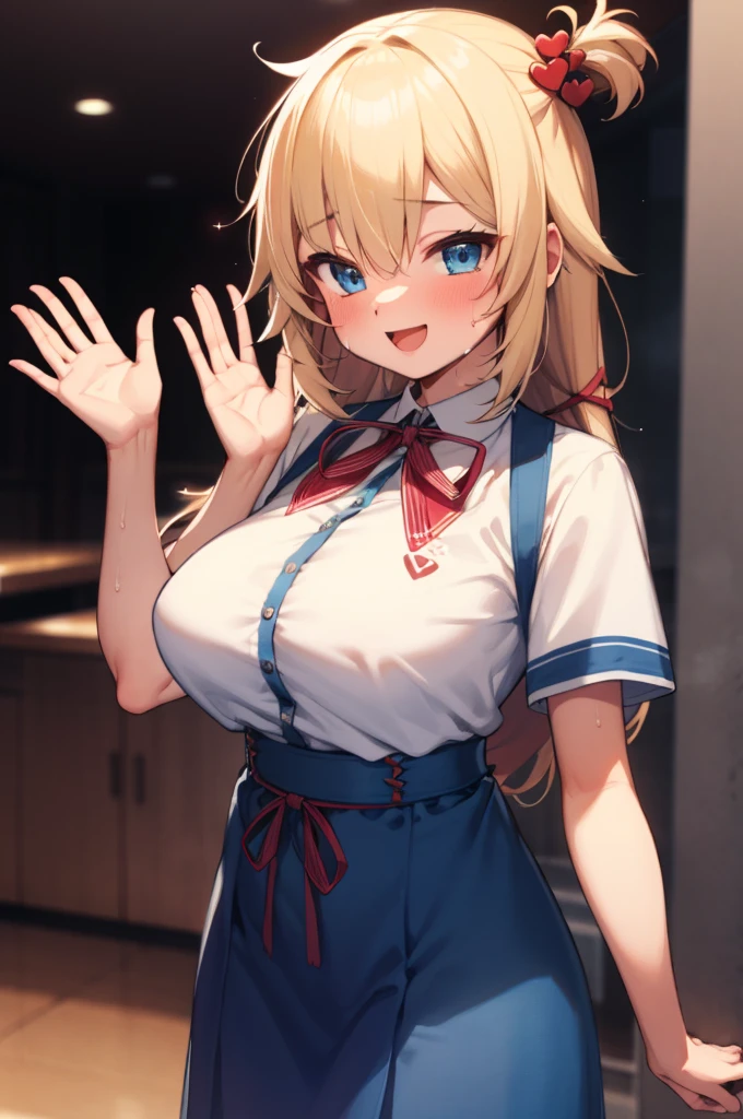 masterpiece, akai haato, hololive, 1girl, bangs, blonde hair, blue eyes, blush,huge breasts, collared shirt, hair between eyes, hair ornament,heart, heart hair ornament, long hair, , neck ribbon, one side up, red ribbon, ribbon, shirt, short sleeves, sidelocks, simple background, smile, solo, sparkle, virtual youtuber, white background, white shirt, cowboy shot, :d, blue skirt,v,waving,blush,sweating,,closed mouth,indoor,nsfw