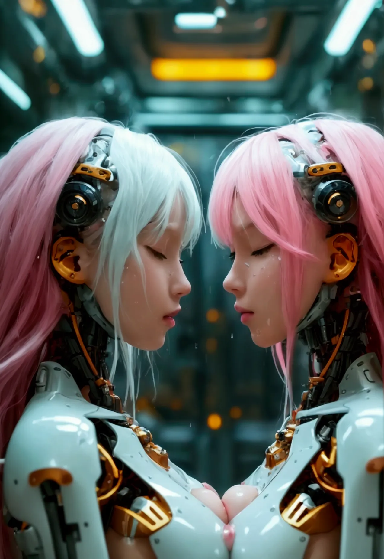 2 robotic girls, inside capsule, naked, long hair, big breast, pink hair, white hair, wet body, machines around, interior, close...