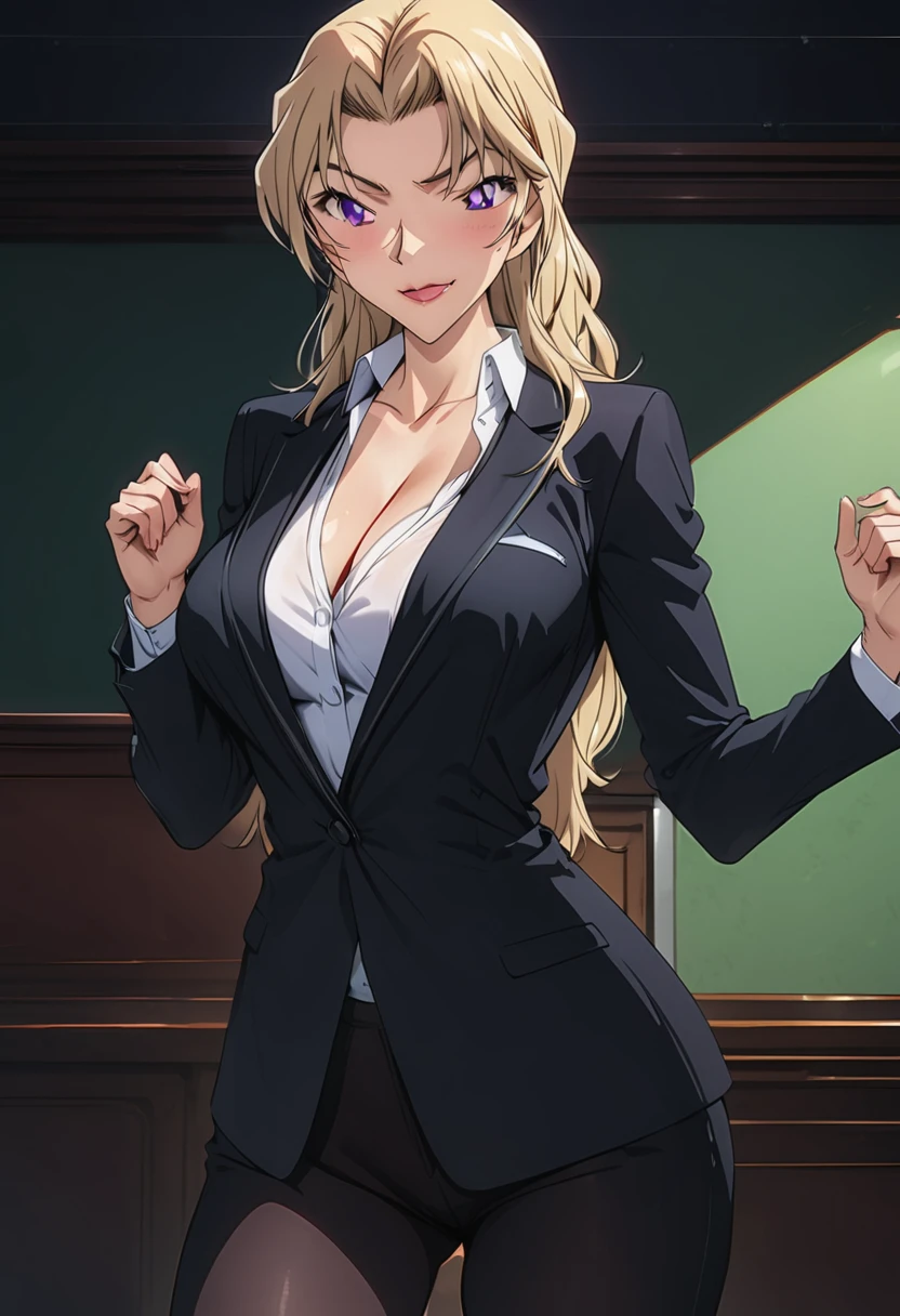 A beautiful teacher in a suit stands in the room, There is a blackboard on the wall behind her, Beautiful teacher, Sexy, aloof, Black wrapped long legs, blonde, Licking lips,Ultra HD, Retina, precise, masterpiece, Anatomically correct, Textured Skin, Super Detail, high quality, High Detail, best quality, high resolution, 1080P