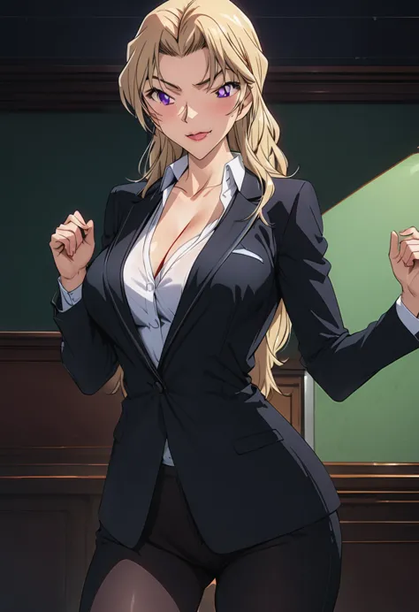 A beautiful teacher in a suit stands in the room, There is a blackboard on the wall behind her, Beautiful teacher, Sexy, aloof, ...