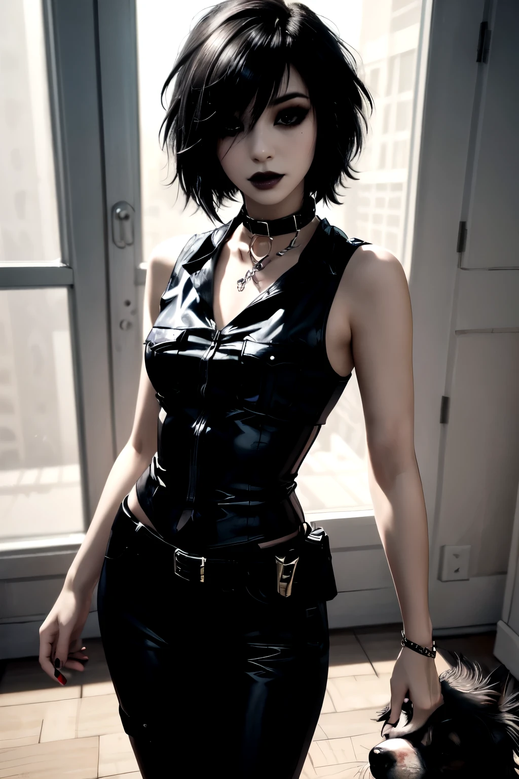 1Girl, woman, emo_hairstyle, black lipstick, dog collar, eyeliner, eye shadow, smoky eyes, realistic lighting, short hair, standing up, sexy police outfit, sleeveless.