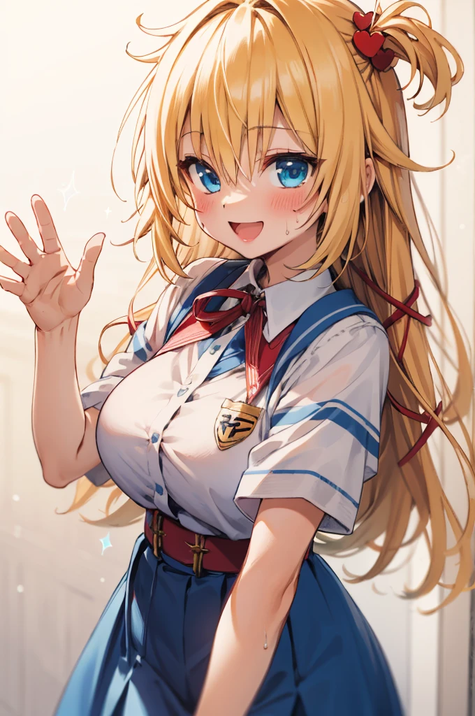 masterpiece, akai haato, hololive, 1girl, bangs, blonde hair, blue eyes, blush,(huge breasts), collared shirt, hair between eyes, hair ornament,heart, heart hair ornament, long hair, , neck ribbon, one side up, red ribbon, ribbon, shirt, short sleeves, sidelocks, simple background, smile, solo, sparkle, virtual youtuber, white background, white shirt, cowboy shot, :d, blue skirt,v,waving,blush,sweating,,closed mouth,indoor