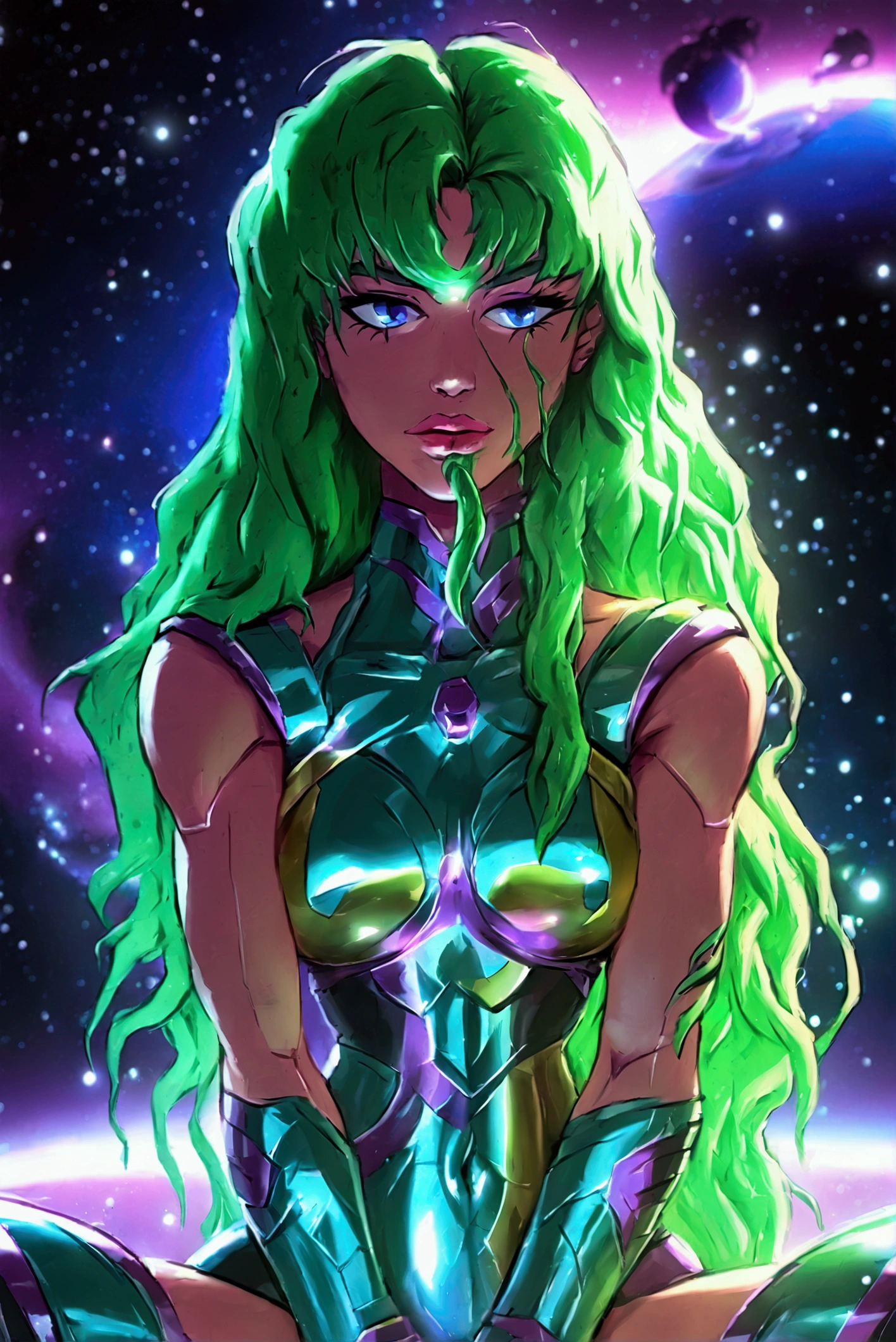  a woman with green hair, girl of the zodiac knights, portrait girl of the zodiac knights, girl in space, queen of the galaxy, goddess of the galaxies, cosmic girl, saiyan girl, molly space, on a galaxy-looking background, intergalactic princess, android heroine, cyborg goddess in cosmos, sitting on top of Pluto, with one's legs crossed.