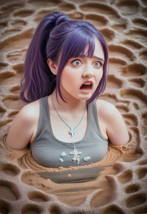 a 14 year old japanese girl., purple hair in a ponytail, blue necklace, gray tank top, scared, stuck in quicksand reaching up to...