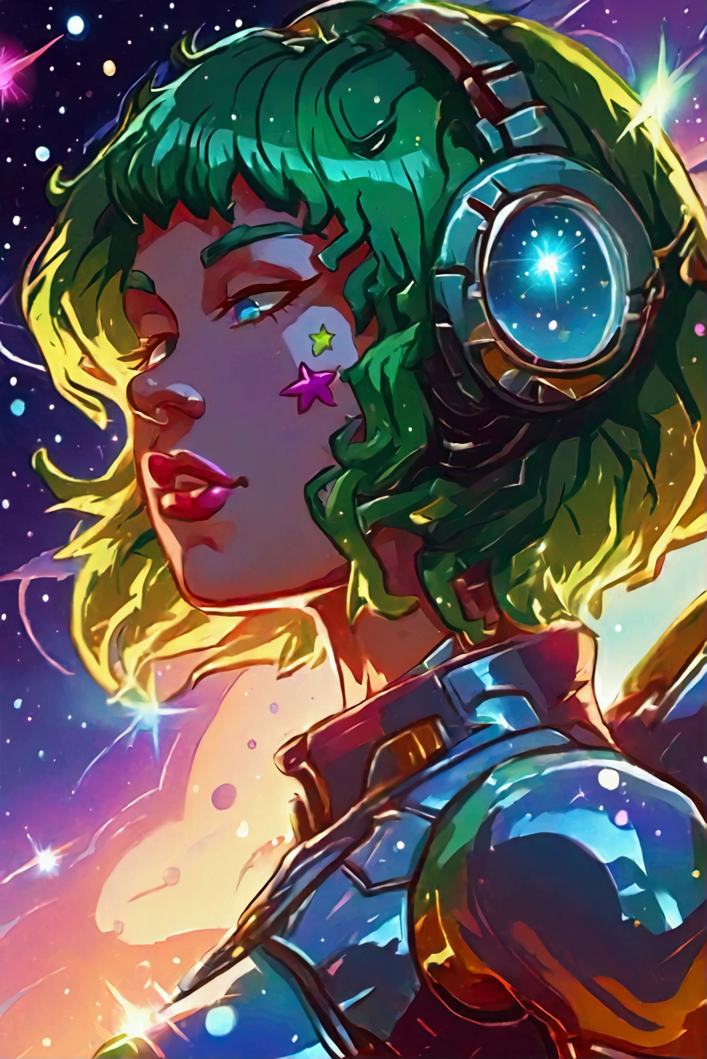 ::web comic:: a close up of a cartoon woman with green hair, girl of the zodiac knights, portrait girl of the zodiac knights, portrait anime space cadet girl, girl in space, queen of the galaxy, goddess of the galaxies, cosmic girl, saiyan girl, molly space, on a galaxy-looking background, intergalactic princess, android heroine, cyborg goddess in cosmos, on top of a meteor