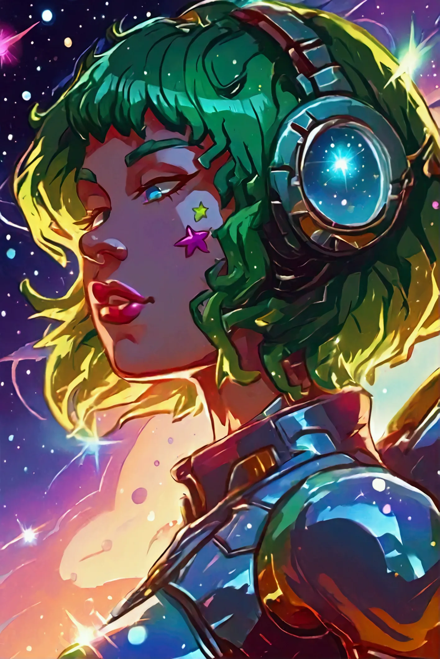 ::web comic:: a close up of a cartoon woman with green hair, girl of the zodiac knights, portrait girl of the zodiac knights, po...