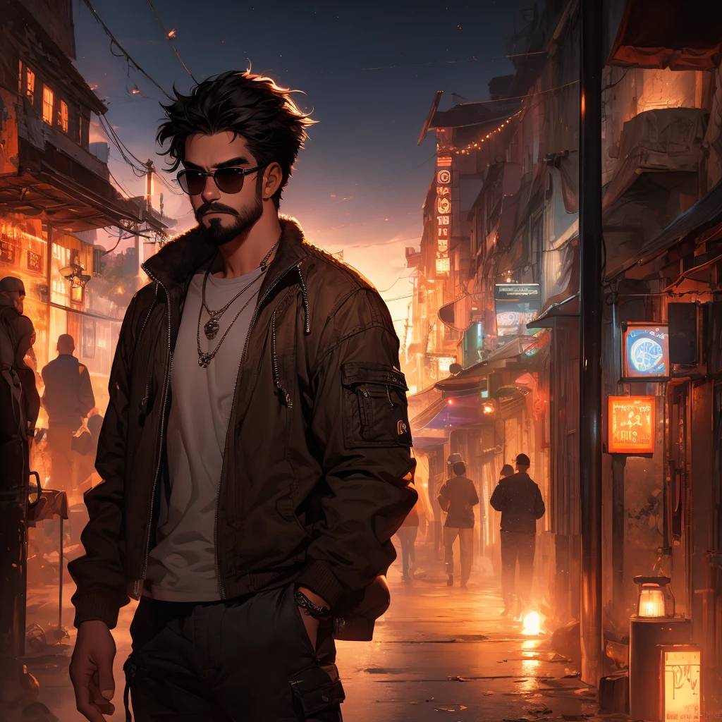 1man, facial hair, Streetwear,cargo pants, necklace, street, (masterpiece, best quality, highres, ultra detailed ), night , depth of field
