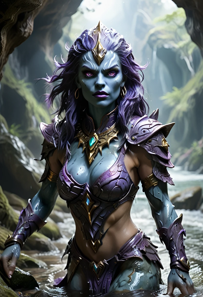 super quality, beautiful detail, super detailed, extra fine, 16K, exquisite, absurd, high resolution, masters of the universe. a (blue skinned, blue skin:1.2) female warrior, She has long dark purple colored hair with lots of volume and wears (purple bikini armor, armored collar and shoulder pads:1.3), gold trim. (detailed face, detailed eyes) (best quality,4k,8k,highres,masterpiece, colorful, vibrant colors:1.2) , long eyelashes, ((detailed lips)), narrow eyes, lavender colored eyes. Good hands, detailed hands. Cave interior background. Show her wading through water (confidently walking,  determined stride:1.1), in a dark cave with green stone walls, water pours down the walls, bright lichen grows on the stones. The fin of a large fish sticks out of the water.  Tentacles stick out of the water. (No visible sky:1.2)