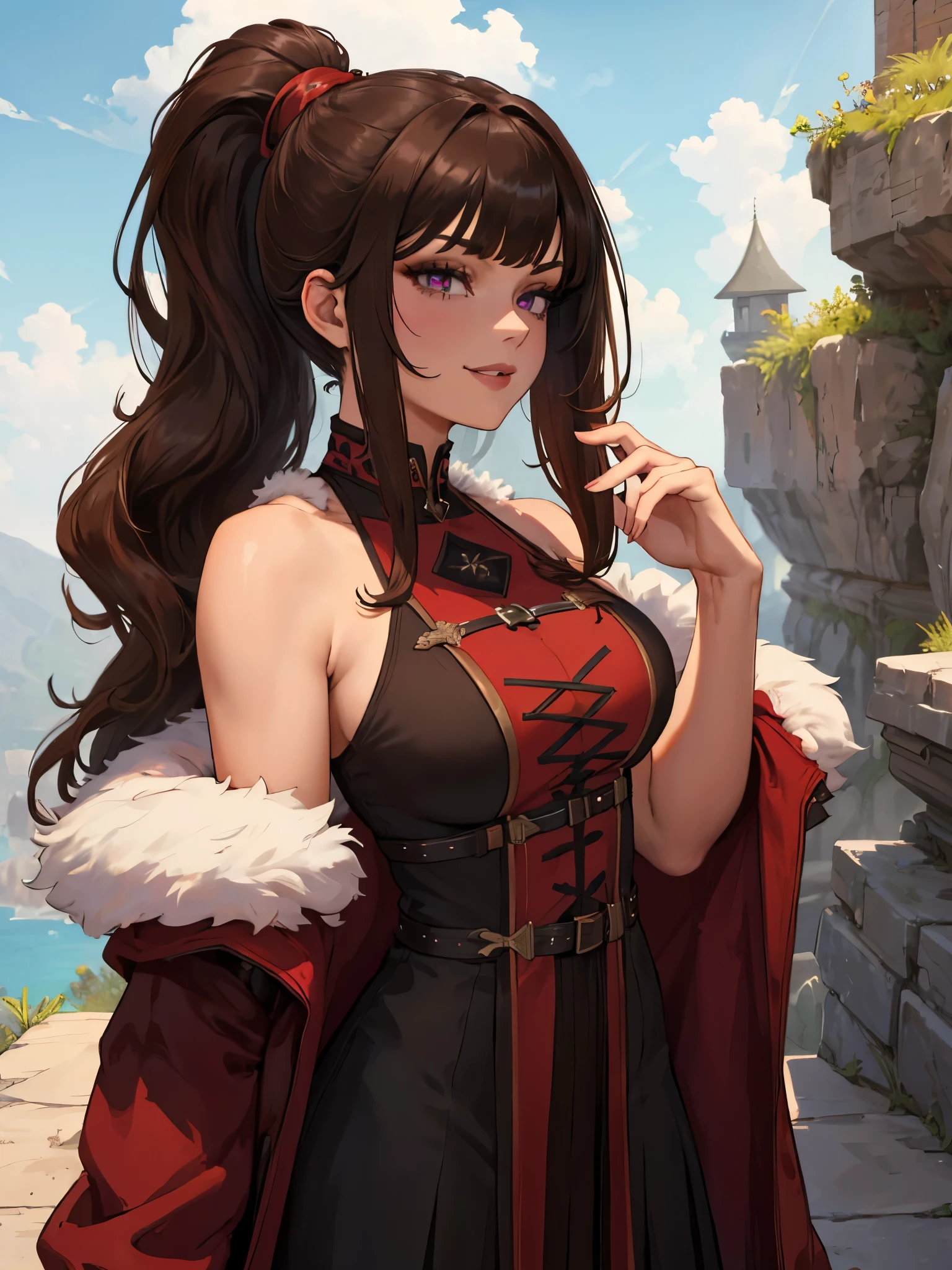 ((masterpiece)), ((best quality)), 1girl, adult, long hair, big bust, ((brown hair)), ((intimidant look)), ((close-up)), profile image, black and red clothes, sexy, dark colors, ((coat with fur)), ((wavy hair)), exposed skin, ((sexy pose)), good anatomy, ((dark sage clothes)), ((straight cut bangs)), emotionless, intimidant, ((beautiful eyes)), castle background, close up, ((detailed eyes)), ((detailed face)), hair bang, frontal look, relaxed, smile, queen, ponytail, violet eyes