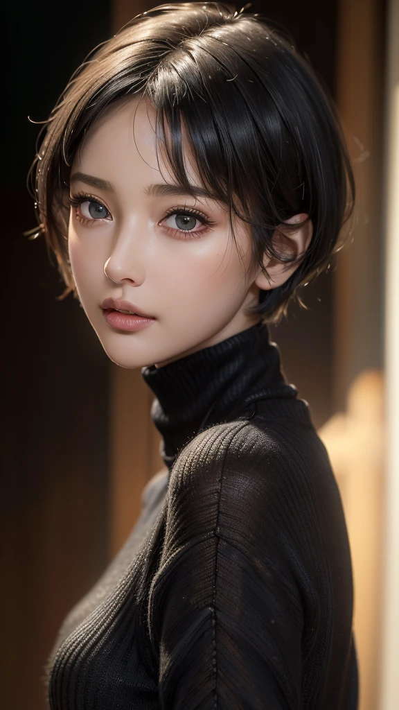 (masterpiece:1.3), (8k, photorealistic, RAW photo, best quality: 1.4), (1girl), beautiful face, (realistic face), (black hair, short hair:1.3), beautiful hairstyle, realistic eyes, beautiful detailed eyes, (realistic skin), beautiful skin, (sweater), absurdres, attractive, ultra high res, ultra realistic, highly detailed, golden ratio