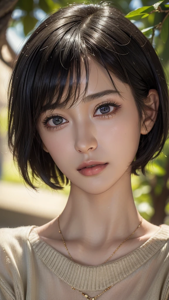 (masterpiece:1.3), (8k, photorealistic, RAW photo, best quality: 1.4), (1girl), beautiful face, (realistic face), (black hair, short hair:1.3), beautiful hairstyle, realistic eyes, beautiful detailed eyes, (realistic skin), beautiful skin, (sweater), absurdres, attractive, ultra high res, ultra realistic, highly detailed, golden ratio