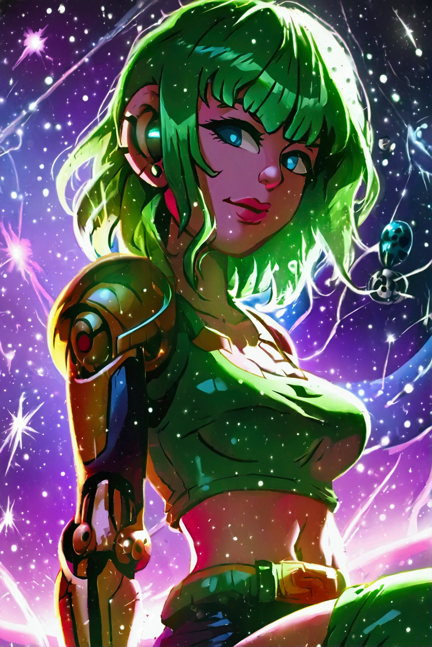 ::web comic:: a full-length close-up of a cartoon woman with green hair,big boobies , girl of the zodiac knights, portrait girl of the zodiac knights, portrait anime space cadet girl, girl in space, queen of the galaxy, goddess of the galaxies, cosmic girl,small sweatshirt shorts, and small shirt, saiyan girl, molly space, on a galaxy-looking background, intergalactic princess, android heroine, cyborg goddess in cosmos, sitting cross-legged on top of a meteor.