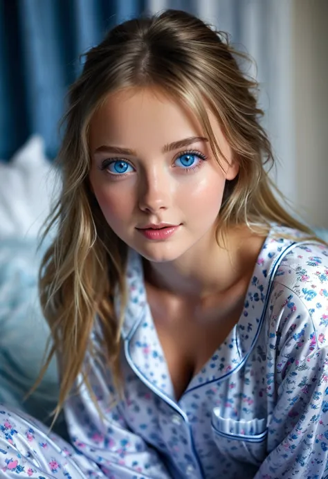 Beautiful girl in pajamas, beautiful blue eyes, No panties