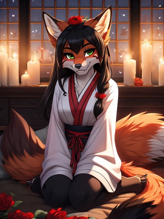 Anthro female red fox high definition good anatomy add_detail:1, red fur, kitsune ears, cute girl add_detail:1, black colored japanese shrine costume with rose patterns on them add_detail:3, black clothing, clothing with rose patterns, add_detail:1, full body, highly detailed face, deep green iris add_detail:1, wolf claws, sharp fangs add_detail:1, wild slut add_detail:1, on knees, blushing, looking up at viewer, friendly smile, smile, friendly, black hair, classic ponytail, face markings, face fur patterns black, speech bubble, heart, hearts, flower on head, night, moody lighting, illumination by candle, indoors in bedroom, comfy pillow, fluffy tail