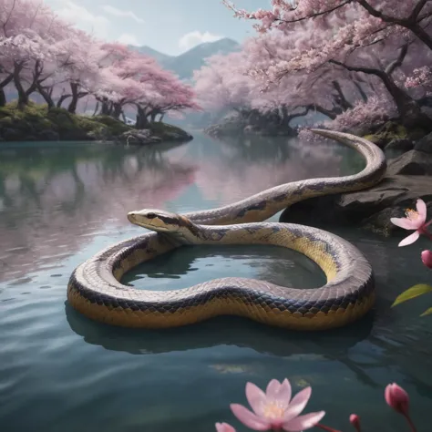 full body portrait of a realistic faint banded sea snake, cobra hybrid reptile, mysterious lake scenery, cherry blossoms, asia, ...