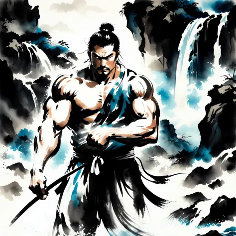 samurai,angry expression,独奏,muscular man,cross your arms,dignified pose,sumi-e style,looking at viewer, masterpiece,best quality...