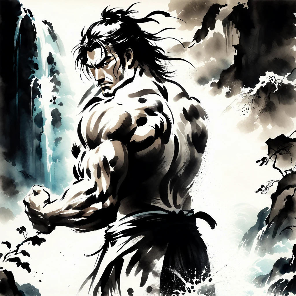 Samurai,Angry expression,独奏,Muscular man,Cross your arms,Dignified pose,Sumi-e style,looking at viewer, masterpiece,best quality,extremely detailed,fine details,Zoom in,Beautiful posture,Crystal-clear waters,Japanese loincloth style swimsuit, being hit by a waterfall in the river, heavy water spray, beautiful natural environment