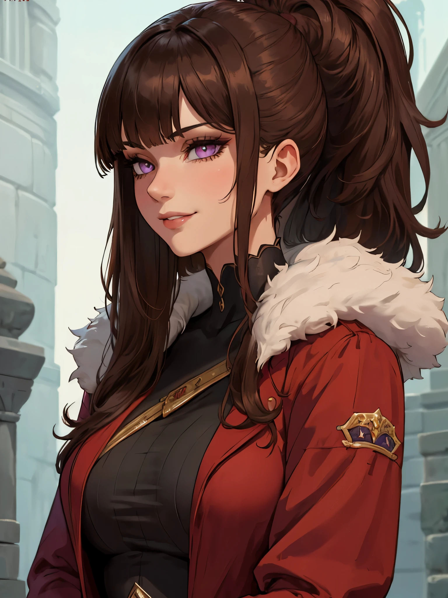 ((masterpiece)), ((best quality)), 1girl, adult, long hair, big bust, ((brown hair)), ((intimidant look)), ((close-up)), profile image, black and red clothes, sexy, dark colors, ((coat with fur)), ((wavy hair)), exposed skin, ((sexy pose)), good anatomy, ((dark sage clothes)), ((straight cut bangs)), emotionless, intimidant, ((beautiful eyes)), castle background, close up, ((detailed eyes)), ((detailed face)), hair bang, frontal look, relaxed, smile, queen, ponytail, violet eyes