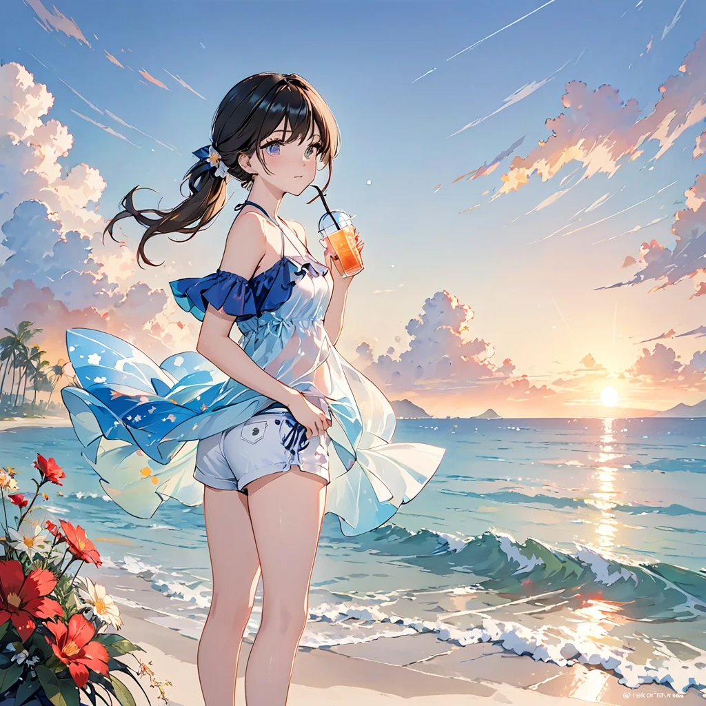 (work of art:1.2), (best qualityer:1.3), shallow_SUNSET, 1 girl, standing, cowboy_outlet, drinking straw_ha, swimsuit wear, don, shorts, flowers, star of the sea, 