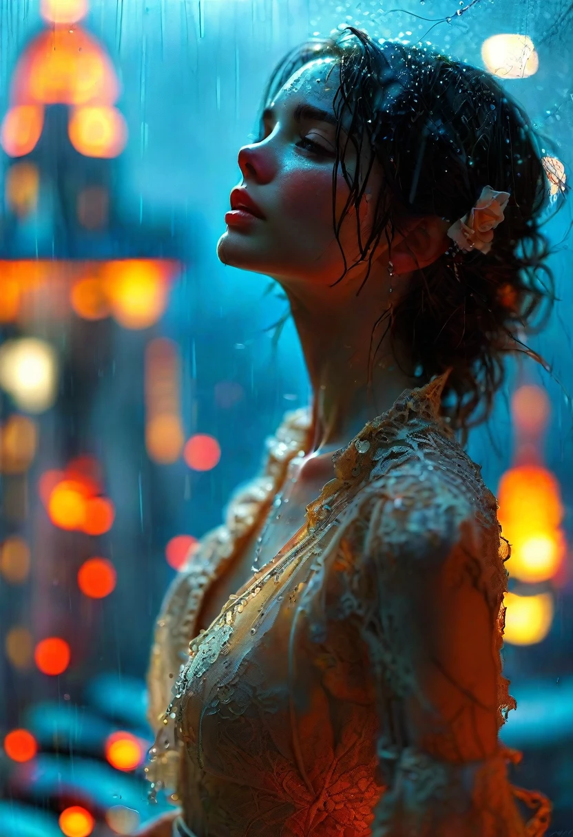 Close-up of a woman in a silk blindfold standing on the edge of the roof of a high-rise building, inspired by Ross Tran, fantasy, drama, rose in hand in front of her, lace light dress, streets in lights of the city below her, drizzling rain about to fall so close to the edge, artist Andreas Rocha, Peter Morbacher'', beautiful night --ar 3:4