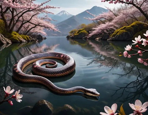 full body portrait of a realistic faint banded sea snake, cobra hybrid reptile, mysterious lake scenery, cherry blossoms, Asia, ...