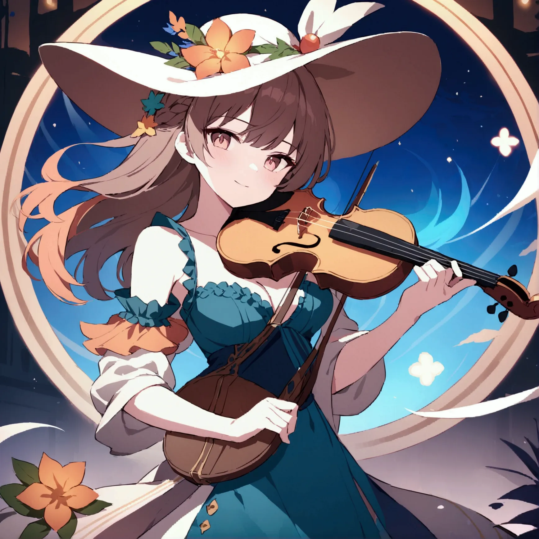  holding a violin, wearing big flower hat
