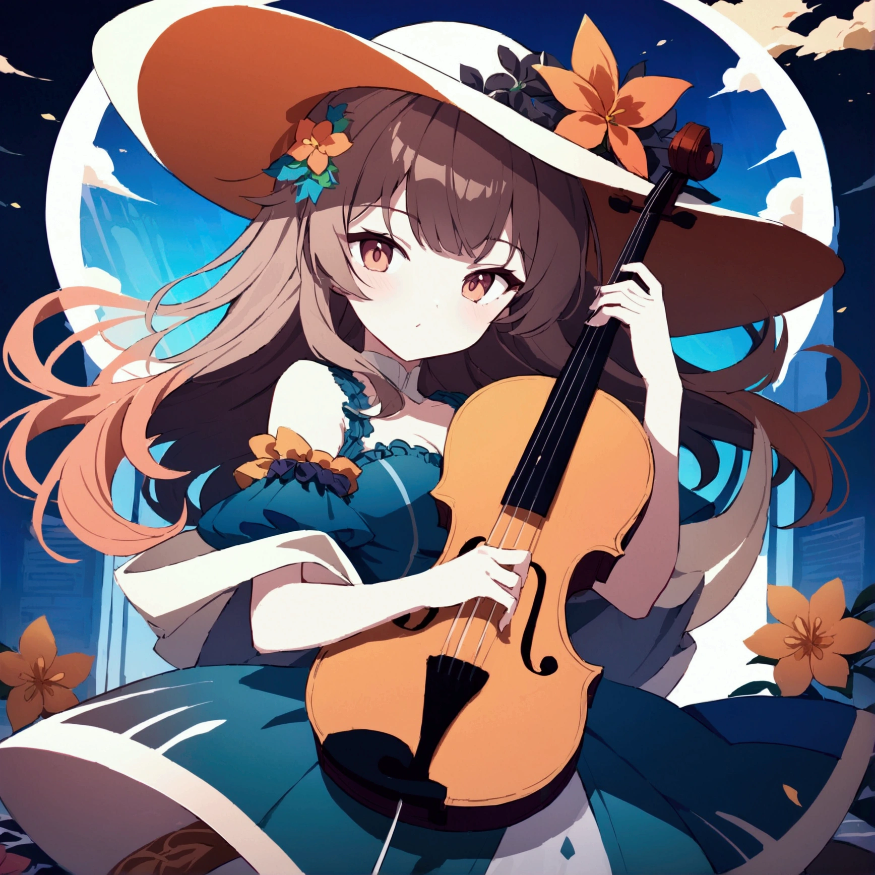  holding a violin, wearing big flower hat
