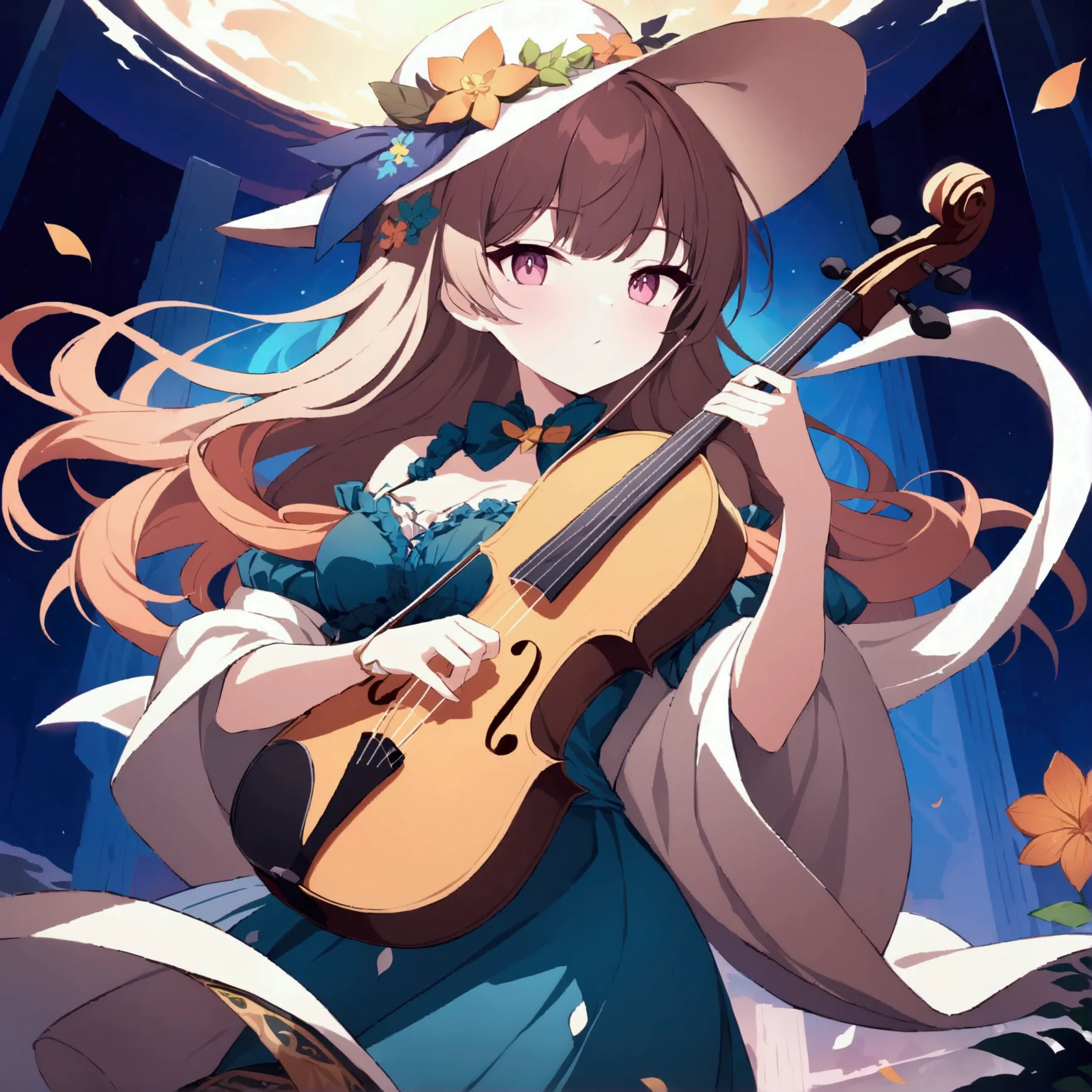  holding a violin, wearing big flower hat
