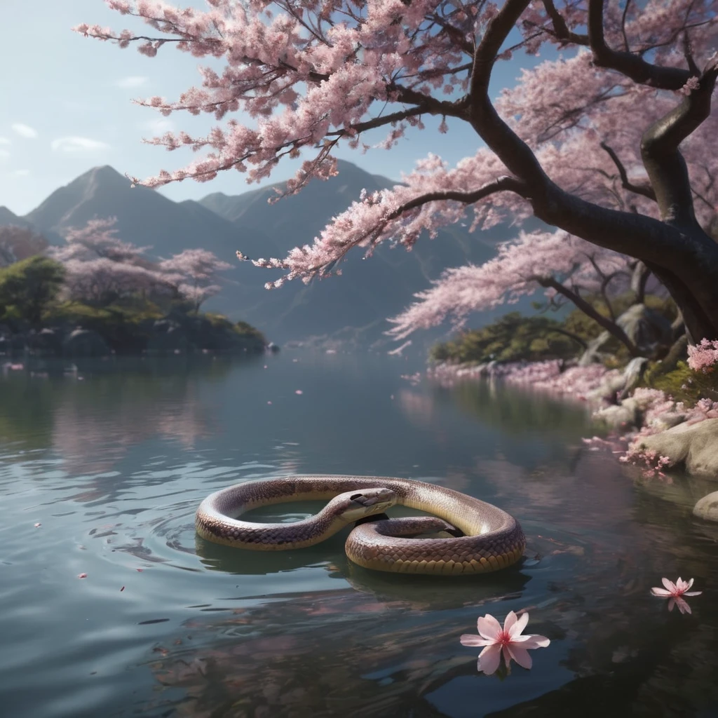 full body portrait of a realistic faint banded sea snake, cobra hybrid reptile, large, mysterious lake scenery, cherry blossoms, Asia, full body, cinematic, render, 8k, unreal engine, realistic, masterpiece, high detail, full body, low life, volumetric lighting