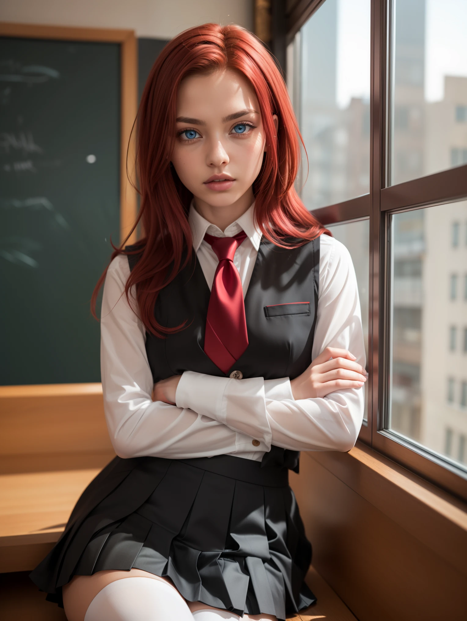 kallen stadtfeld, blue eyes, ((red hair:1.5)), short hair,
BREAK ((school uniform, red necktie, white shirt, pleated skirt, black skirt, white thighhighs, brown vest, long sleeves:1.5))
BREAK crossed arms,angry, pov,
BREAK (masterpiece:1.2), best quality, high resolution, unity 8k wallpaper, (illustration:0.8), (beautiful detailed eyes:1.6), extremely detailed face, perfect lighting, extremely detailed CG, (perfect hands, perfect anatomy),