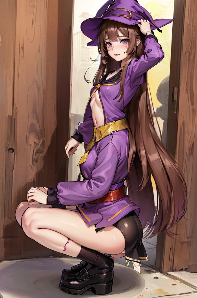 Witch Hat (Brown Hair) Long Hair (((Small breasts))) (Purple Eyes) (((child))) (Slanted Eyes) (((low length))) ,(Turn around)  (((solo))),  Embarrassed,  blush, uniform、 (((A girl farts)))Standing with legs together、((Squat))
、(Holding on)((Her butt is facing me))  (((Loli face)))(((Yellow gas leaking from the anus)))(((high quality)))